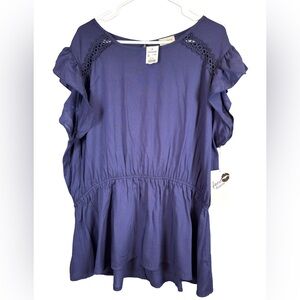 Free Kisses Ruffled Short Sleeves Blue Blouse 3X NWT